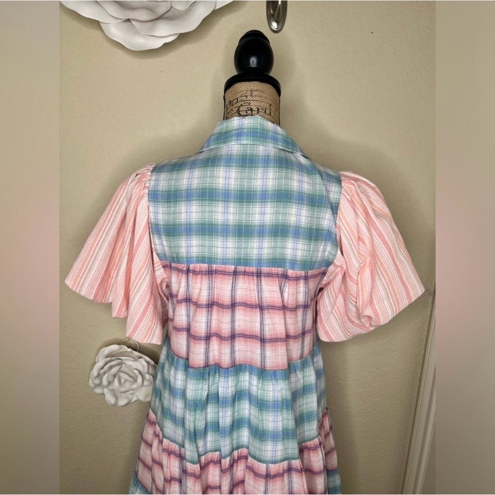 NTM: Entro Bubble Sleeve Blue, Green, Pink & White Plaid Lined Mini Dress Sz L - Picture 10 of 14